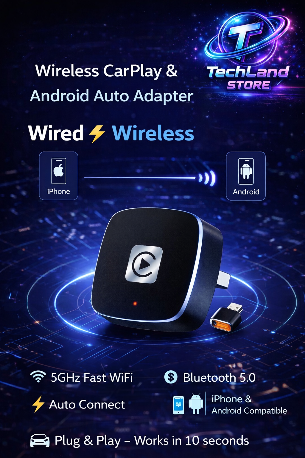 უსადენო CarPlay და Android Auto ადაპტერი - უფასო მიწოდება საქართველოში 🚚